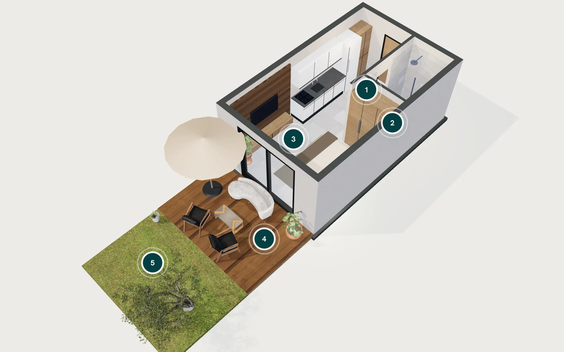 Garden Limited 1+0 dairesinin 3D modeli: giriş, banyo, yaşam alanı, teras ve bahçe