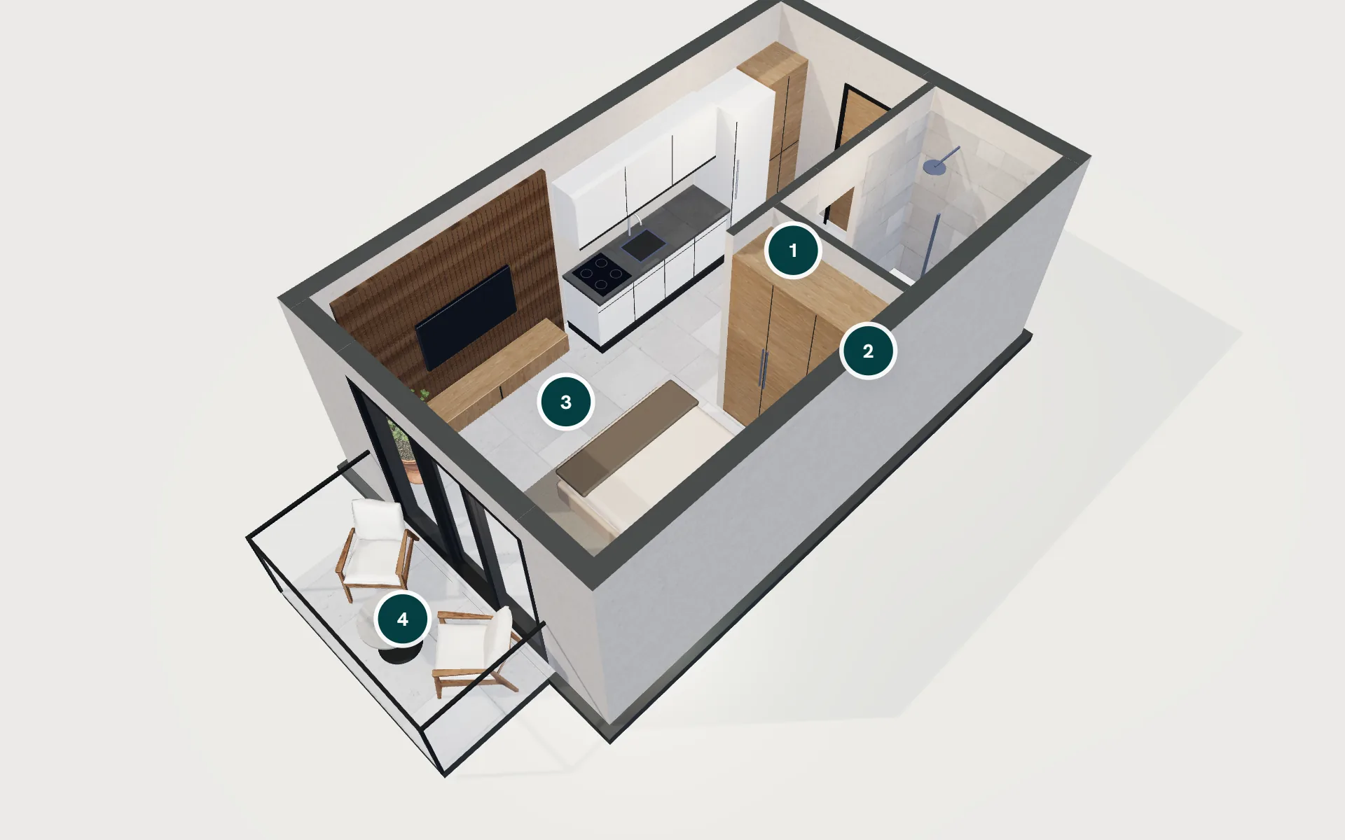 Life 1+0 dairesinin 3D modeli: giriş, banyo, yaşam alanı, teras ve bahçe