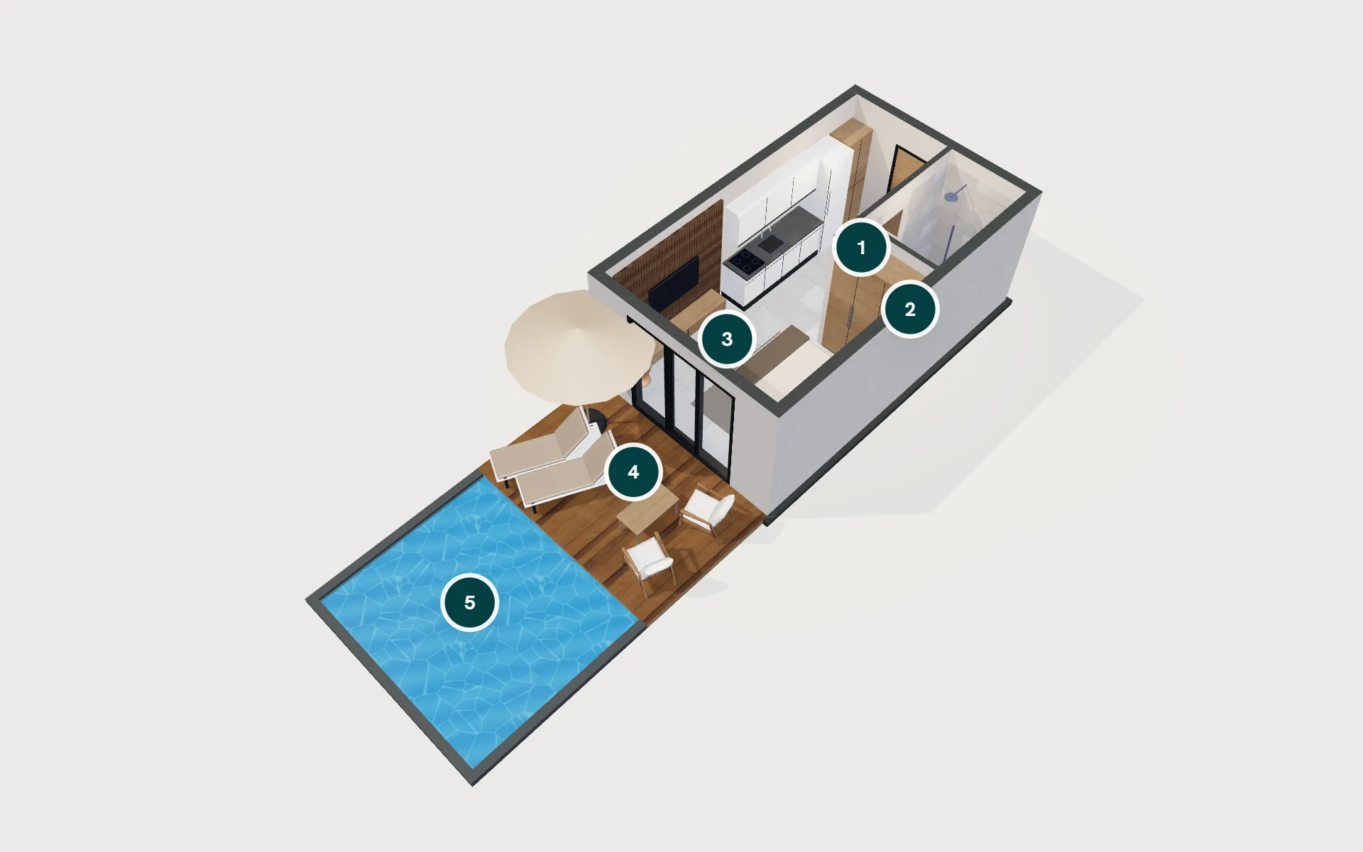 Pool Limited 1+0 dairesinin 3D modeli: giriş, banyo, yaşam alanı, teras ve bahçe