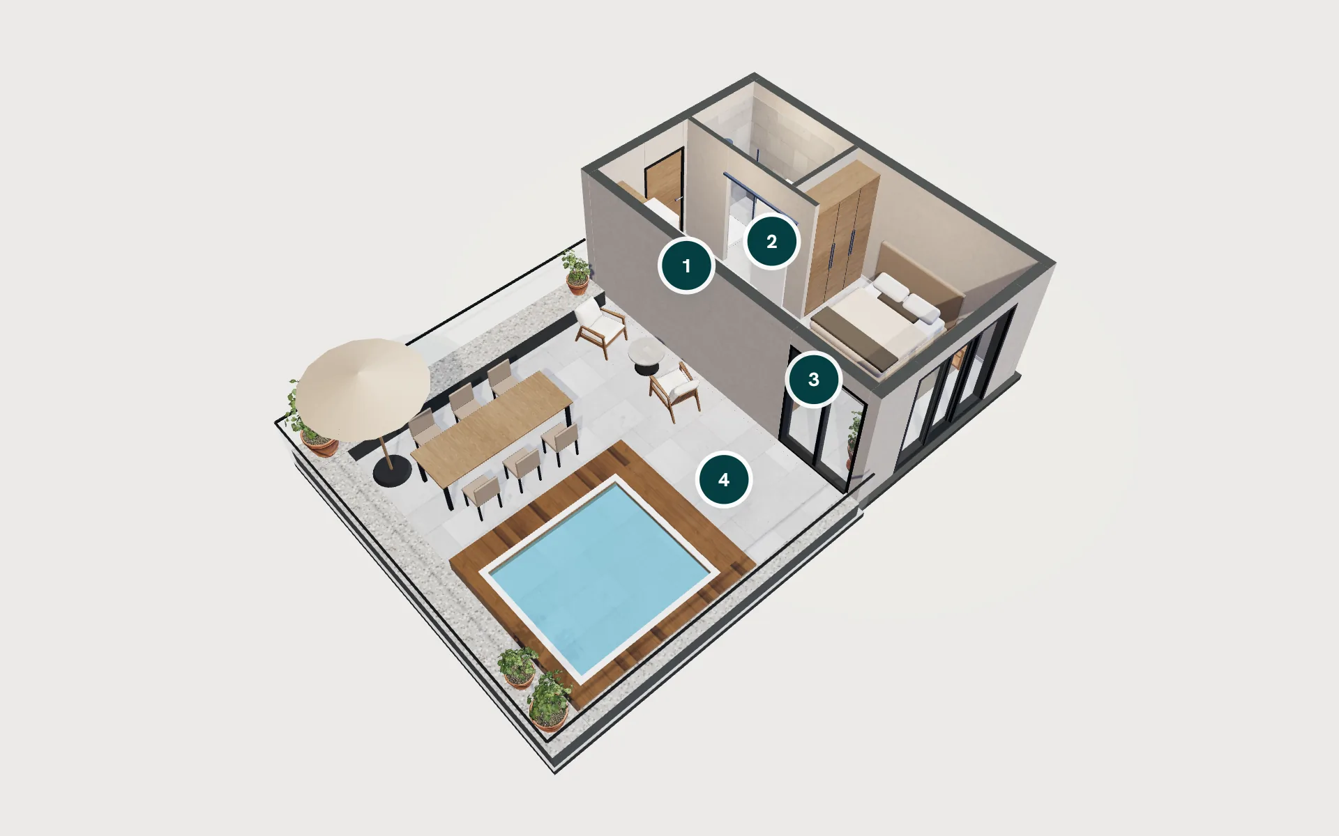 Royal Terrace 1+0 dairesinin 3D modeli: giriş, banyo, yaşam alanı, teras ve bahçe