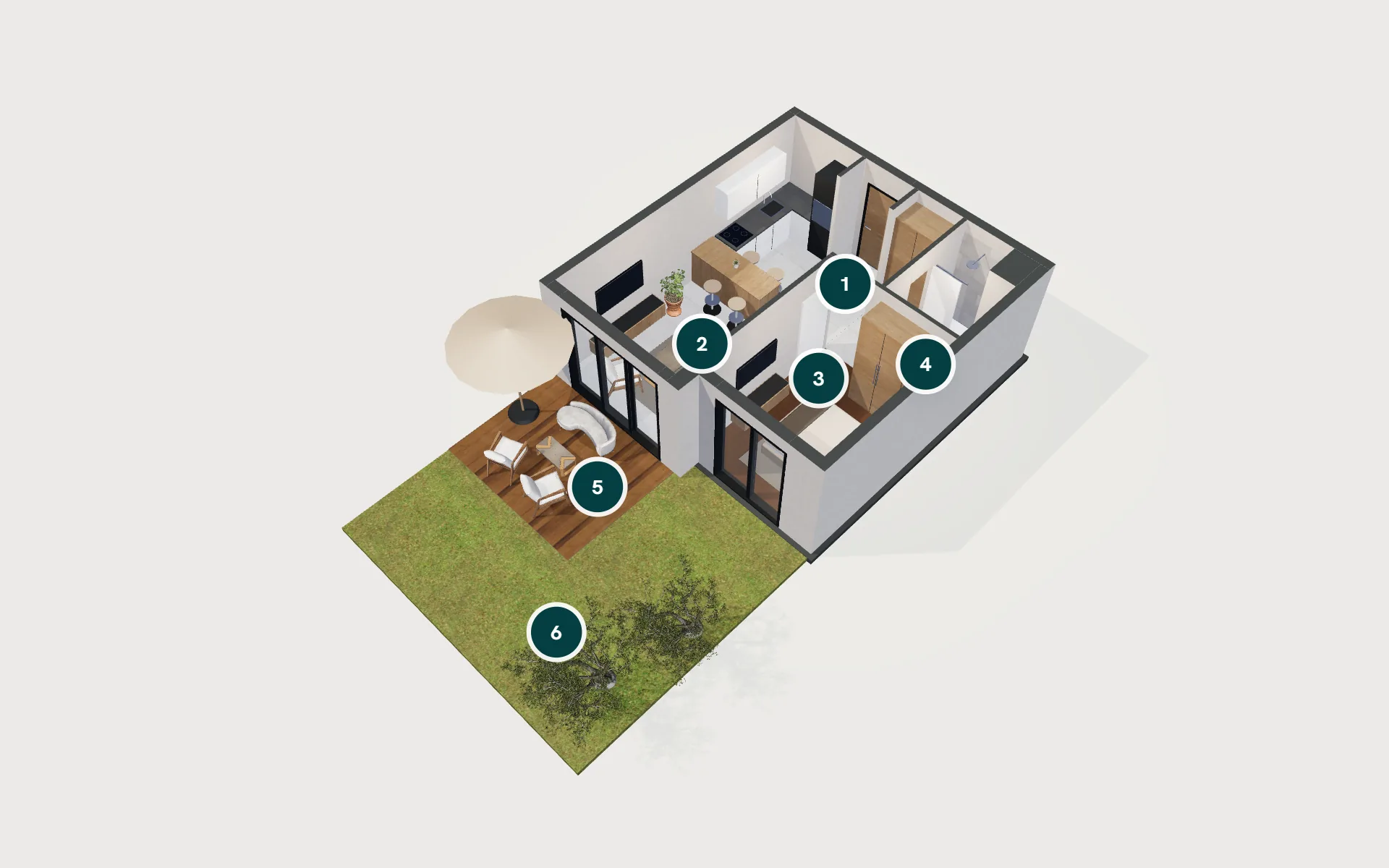 Garden Limited 1+1 dairesinin 3D modeli: giriş, banyo, yaşam alanı, teras ve bahçe