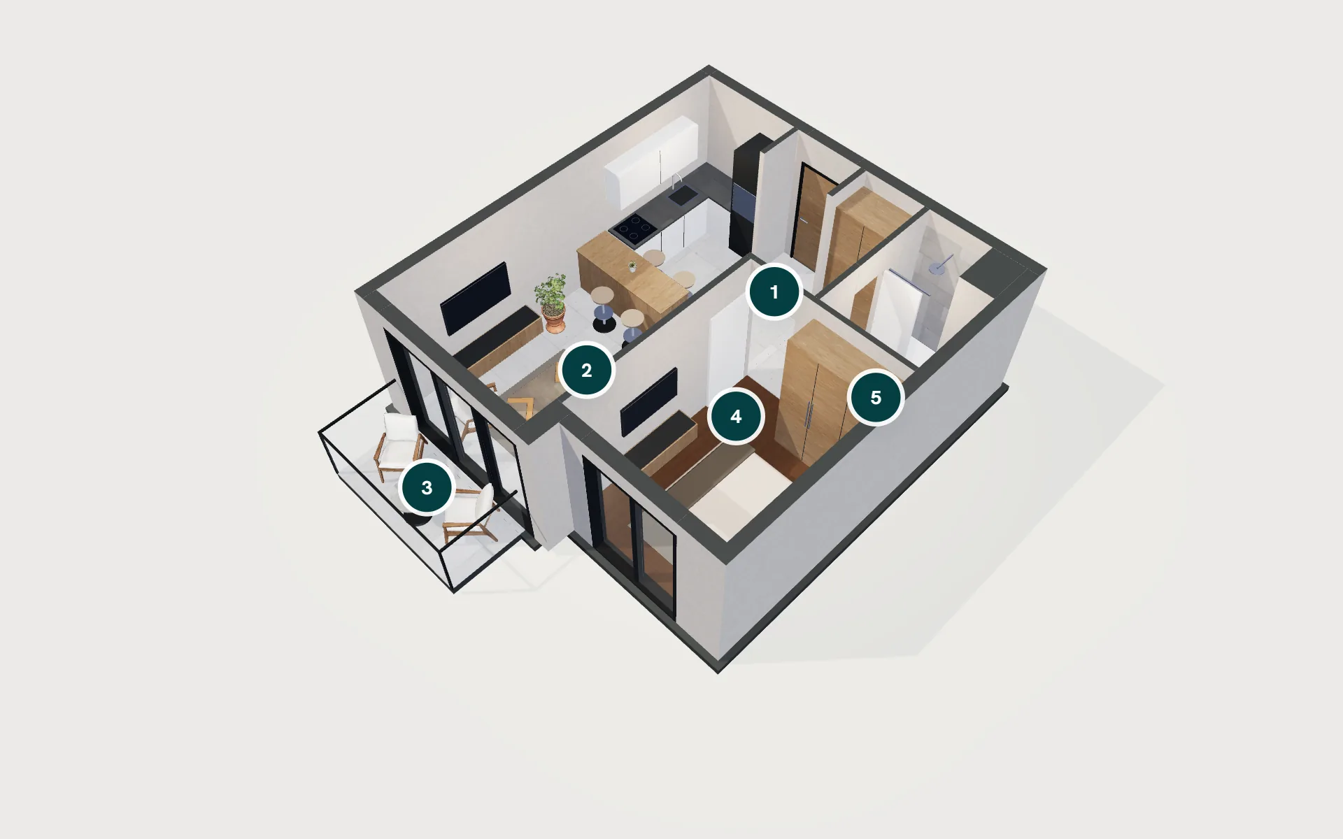 Life 1+1 dairesinin 3D modeli: giriş, banyo, yaşam alanı, teras ve bahçe