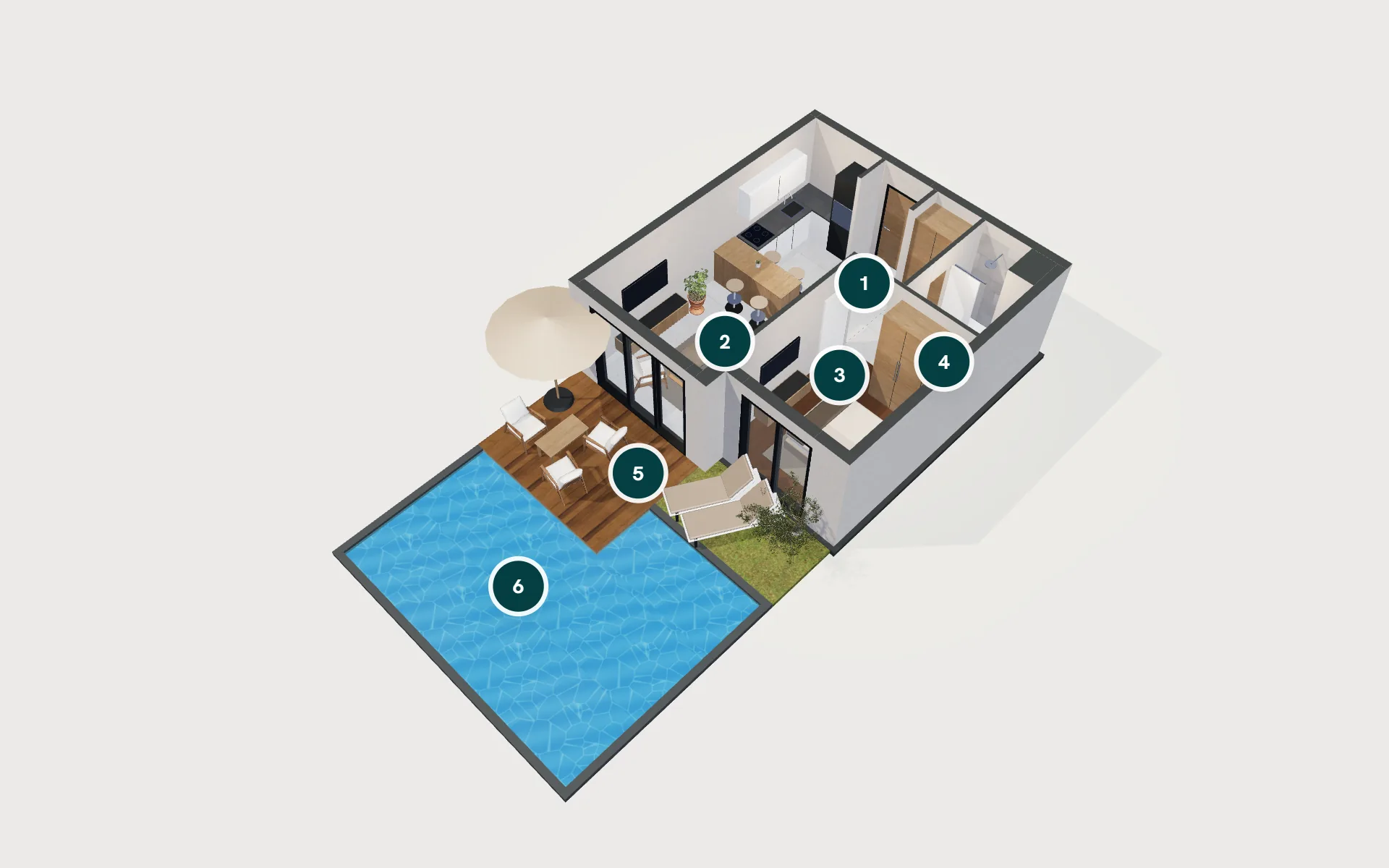 Pool Limited 1+1 dairesinin 3D modeli: giriş, banyo, yaşam alanı, teras ve bahçe