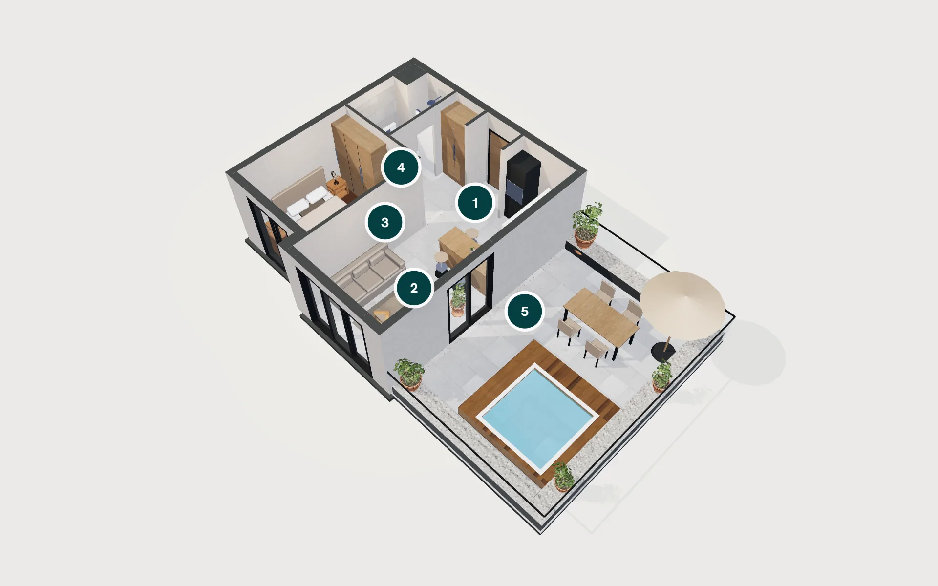 Royal Terrace 1+1 dairesinin 3D modeli: giriş, banyo, yaşam alanı, teras ve bahçe