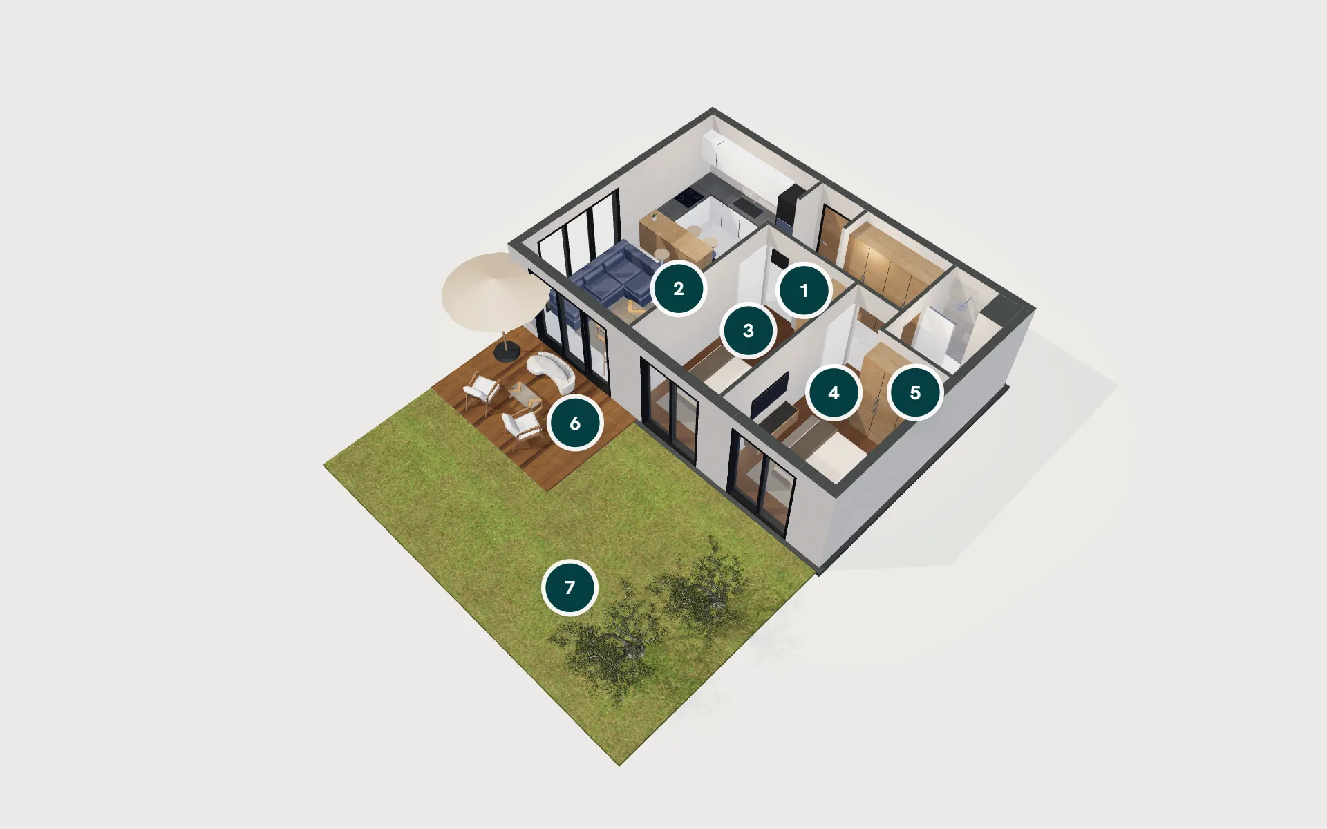 Garden Limited 2+1 dairesinin 3D modeli: giriş, banyo, yaşam alanı, teras ve bahçe