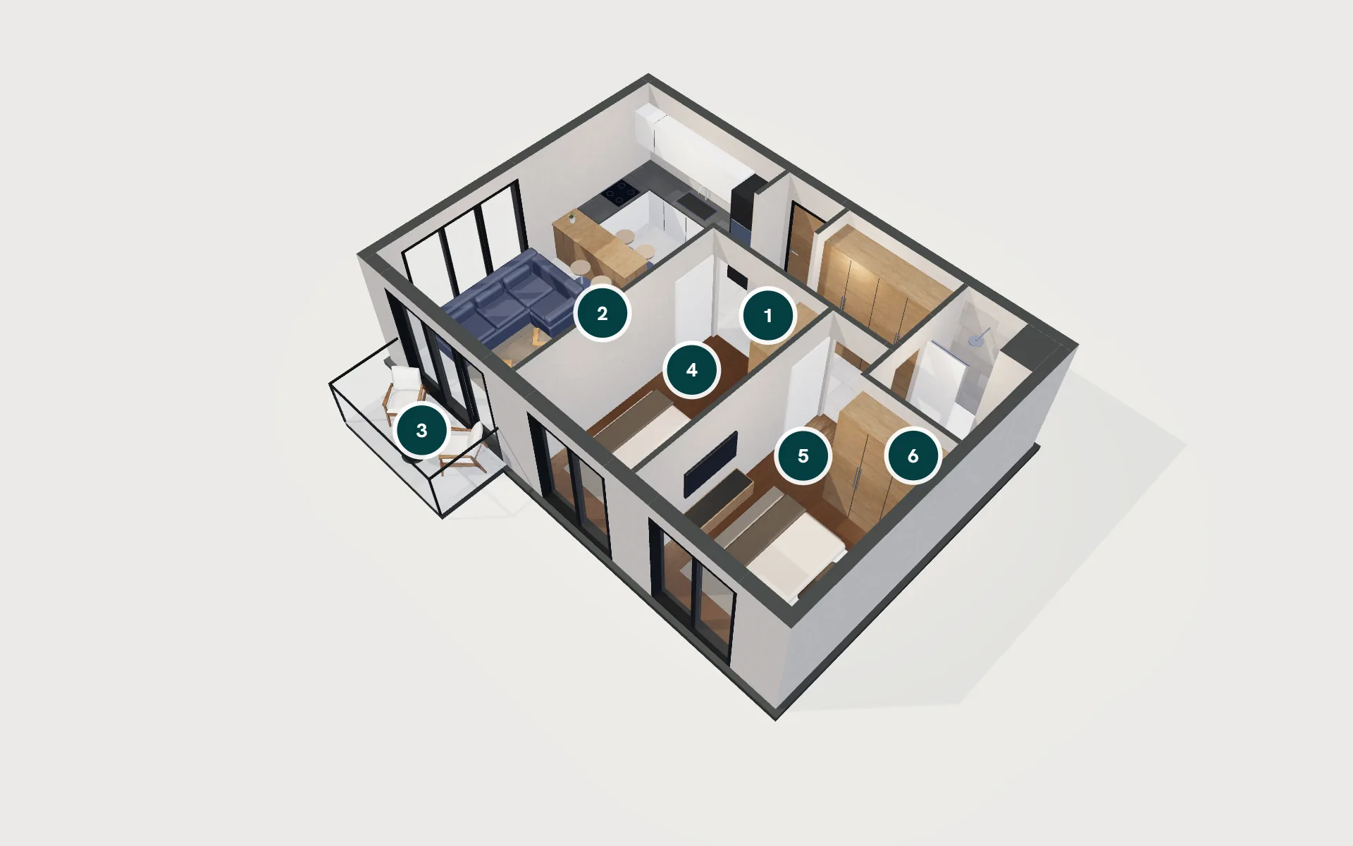 Life 2+1 dairesinin 3D modeli: giriş, banyo, yaşam alanı, teras ve bahçe