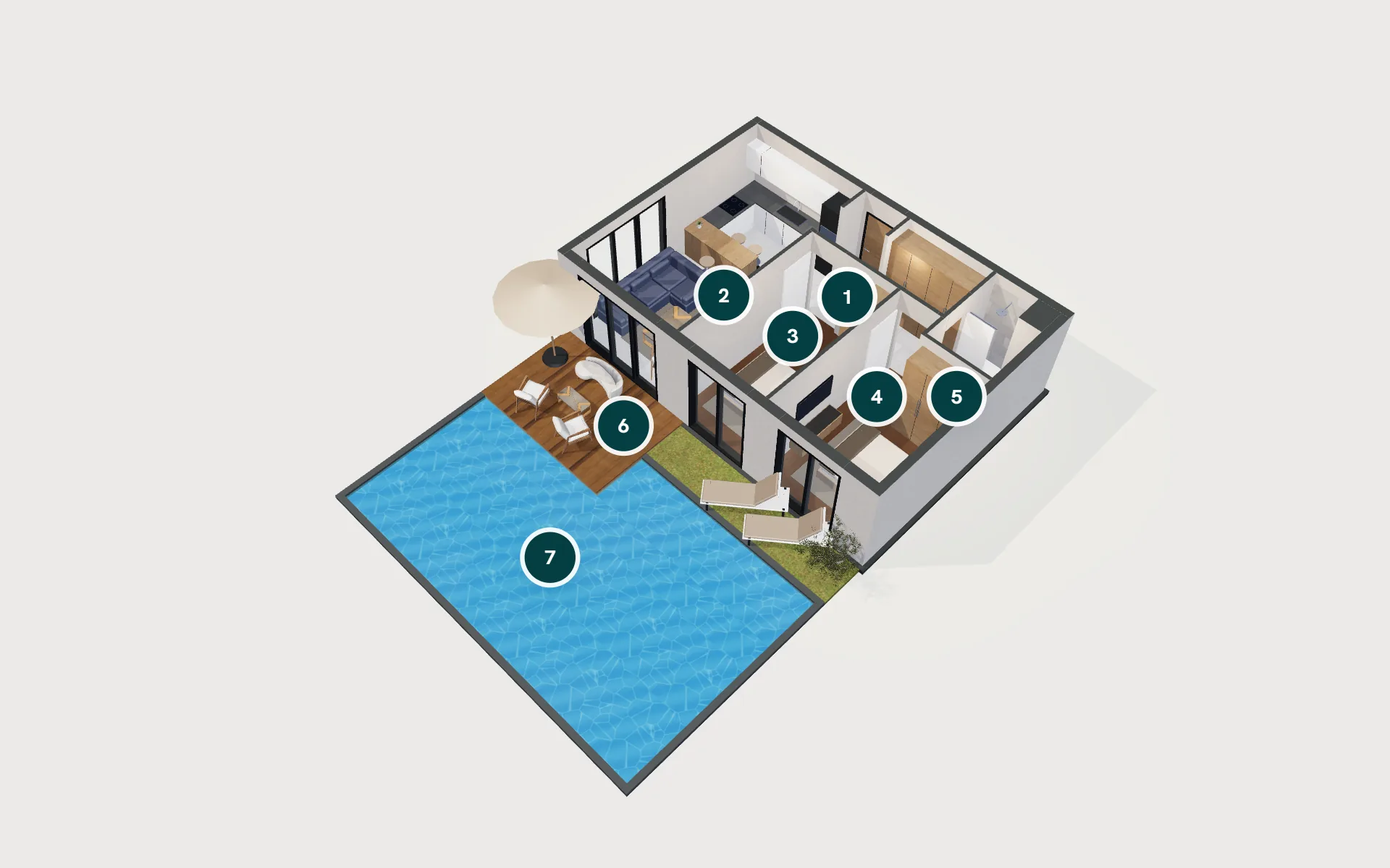 Pool Limited 2+1 dairesinin 3D modeli: giriş, banyo, yaşam alanı, teras ve bahçe