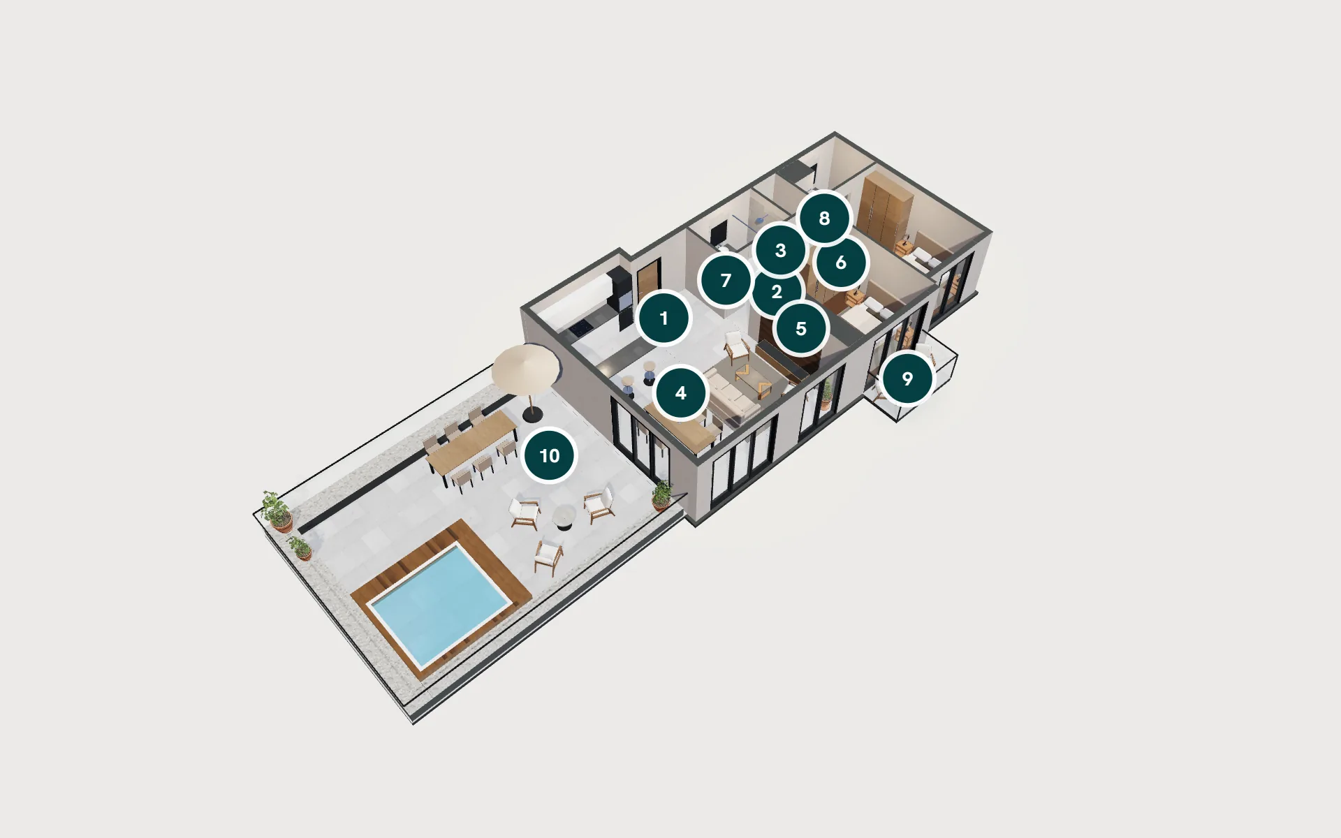 Royal Terrace 2+1 dairesinin 3D modeli: giriş, banyo, yaşam alanı, teras ve bahçe