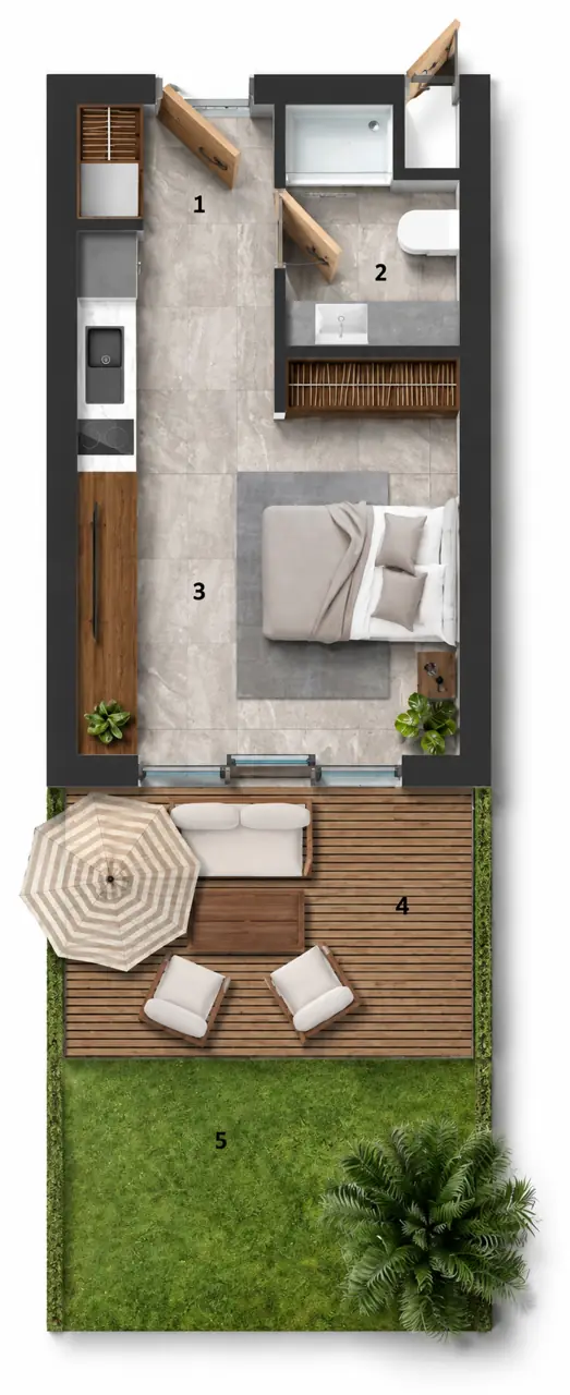 Garden Limited 1+0 dairesinin üç boyutlu yerleşim görseli — temsili