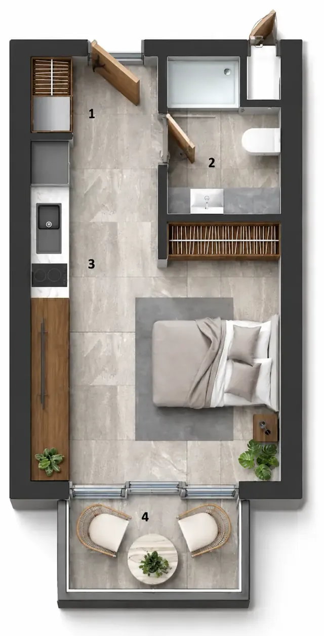 Life 1+0 dairesinin üç boyutlu yerleşim görseli — temsili