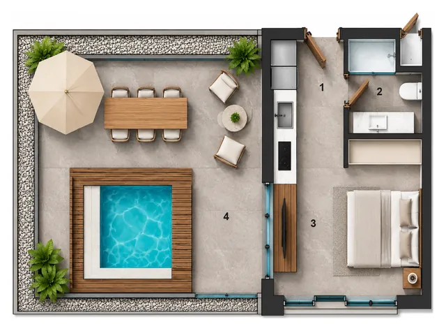 Royal Terrace 1+0 dairesinin üç boyutlu yerleşim görseli — temsili