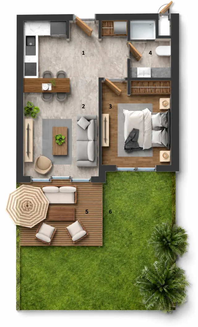 Garden Limited 1+1 dairesinin üç boyutlu yerleşim görseli — temsili