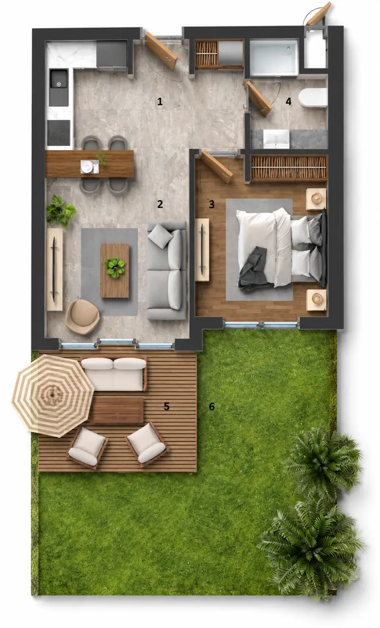 Garden Limited 1+1 dairesinin üç boyutlu yerleşim görseli — temsili