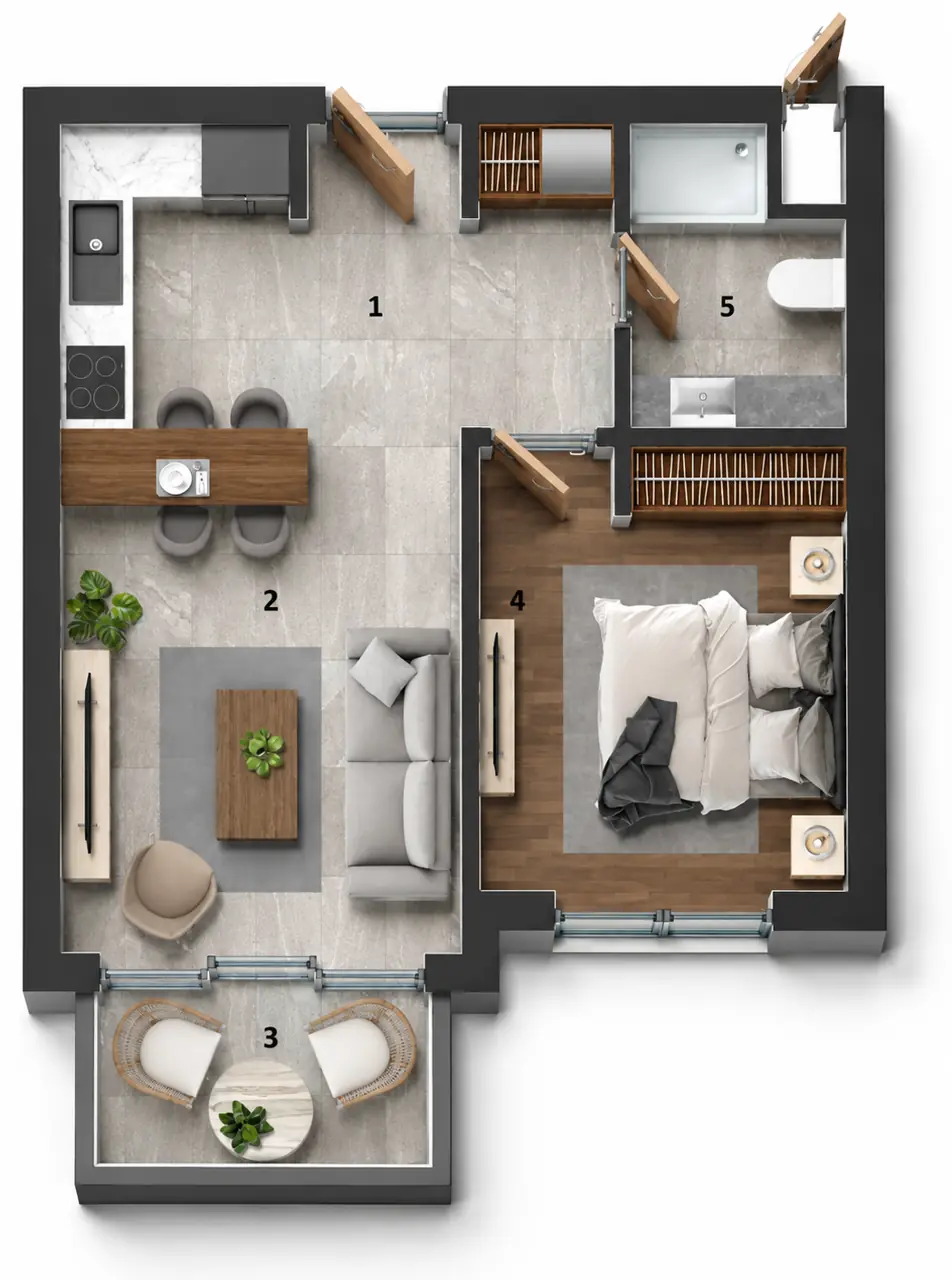 Life 1+1 dairesinin üç boyutlu yerleşim görseli — temsili