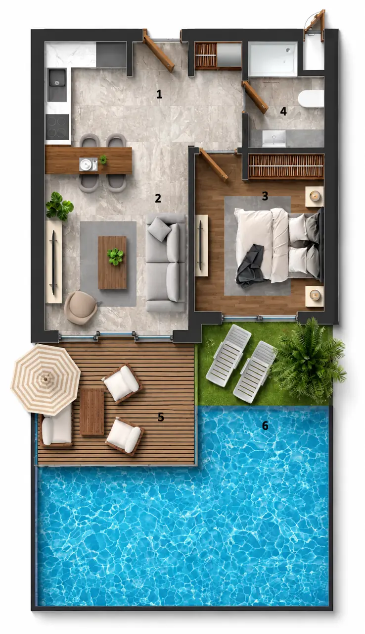 Pool Limited 1+1 dairesinin üç boyutlu yerleşim görseli — temsili
