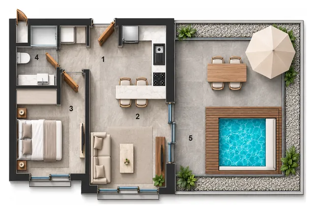 Royal Terrace 1+1 dairesinin üç boyutlu yerleşim görseli — temsili