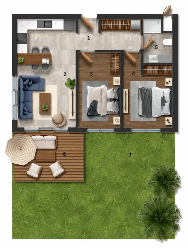 Garden Limited 2+1 dairesinin üç boyutlu yerleşim görseli — temsili