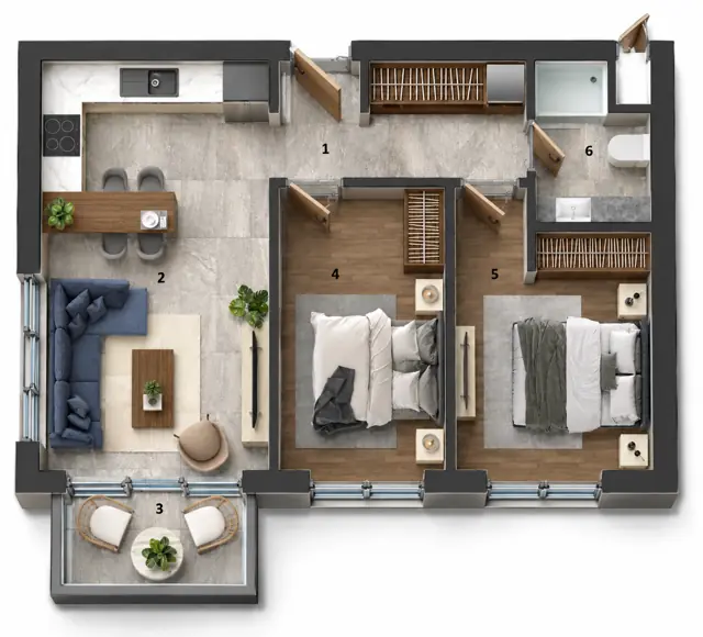 Life 2+1 dairesinin üç boyutlu yerleşim görseli — temsili