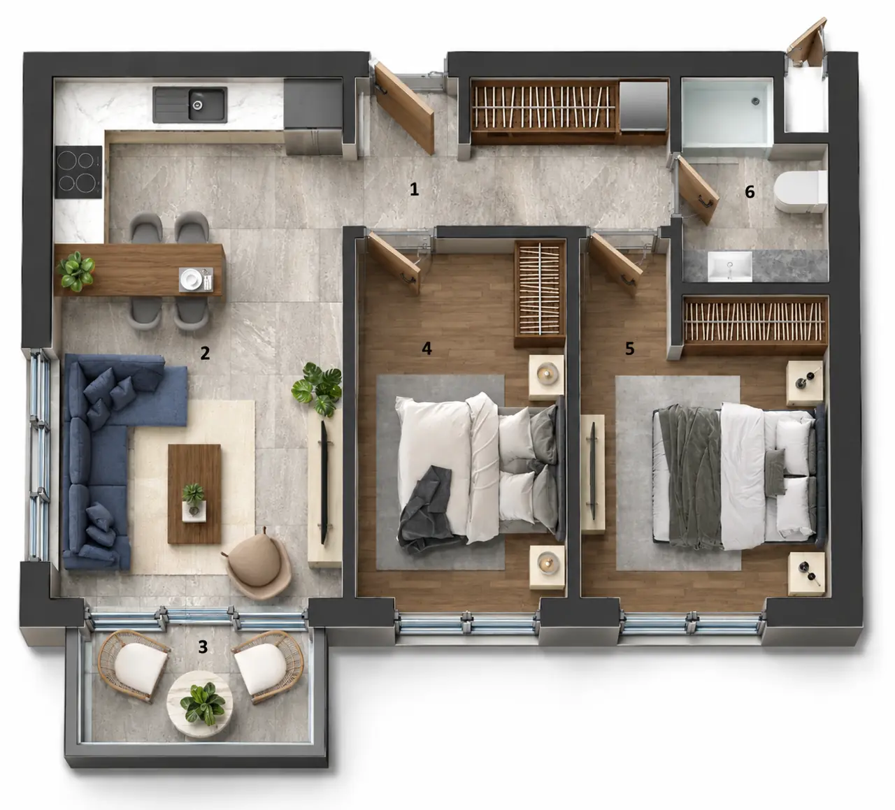 Life 2+1 dairesinin üç boyutlu yerleşim görseli — temsili