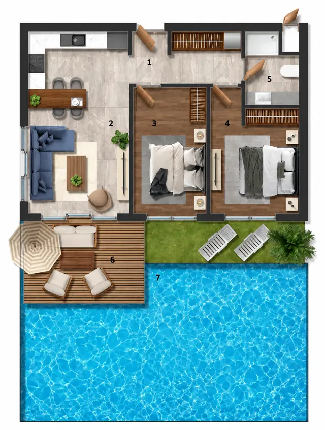 Pool Limited 2+1 dairesinin üç boyutlu yerleşim görseli — temsili