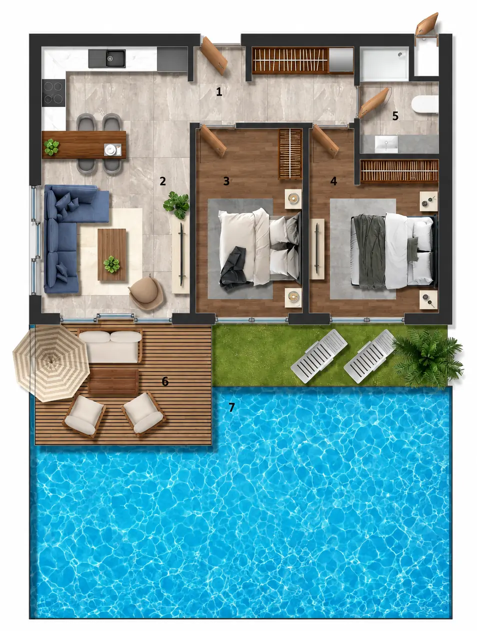 Pool Limited 2+1 dairesinin üç boyutlu yerleşim görseli — temsili