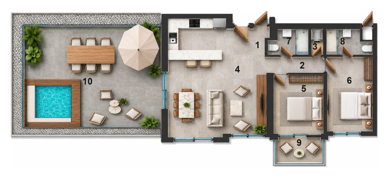 Royal Terrace 2+1 dairesinin üç boyutlu yerleşim görseli — temsili