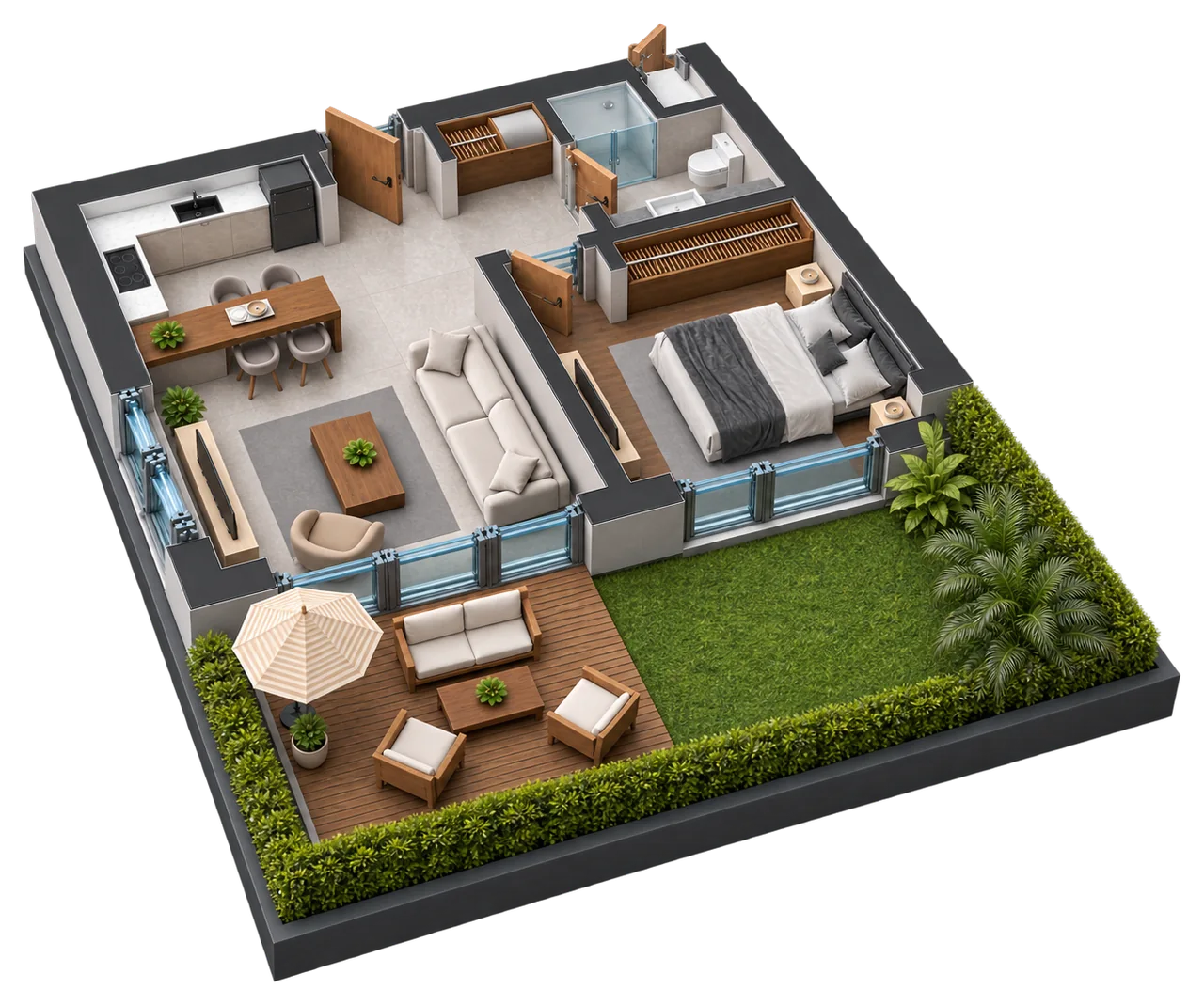 Garden Limited 1+1 dairesinin üç boyutlu yerleşim görseli — temsili