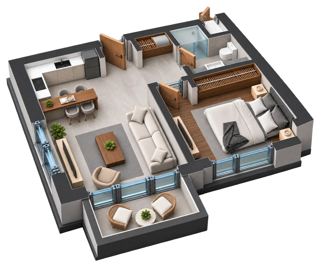 Life 1+1 dairesinin üç boyutlu yerleşim görseli — temsili
