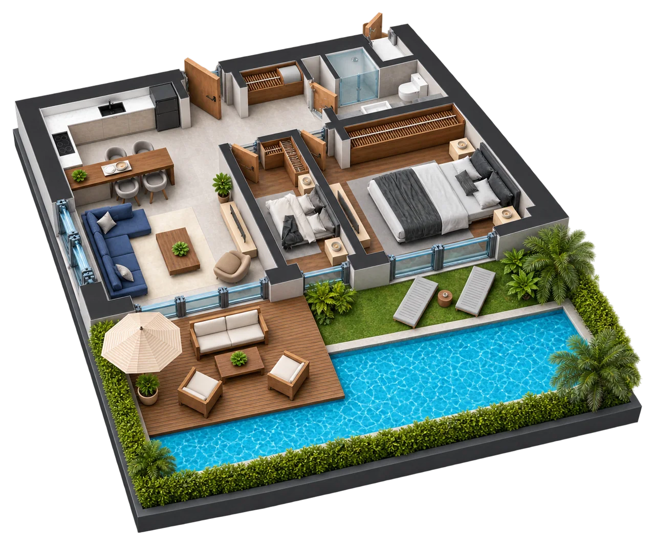 Pool Limited 2+1 dairesinin üç boyutlu yerleşim görseli — temsili