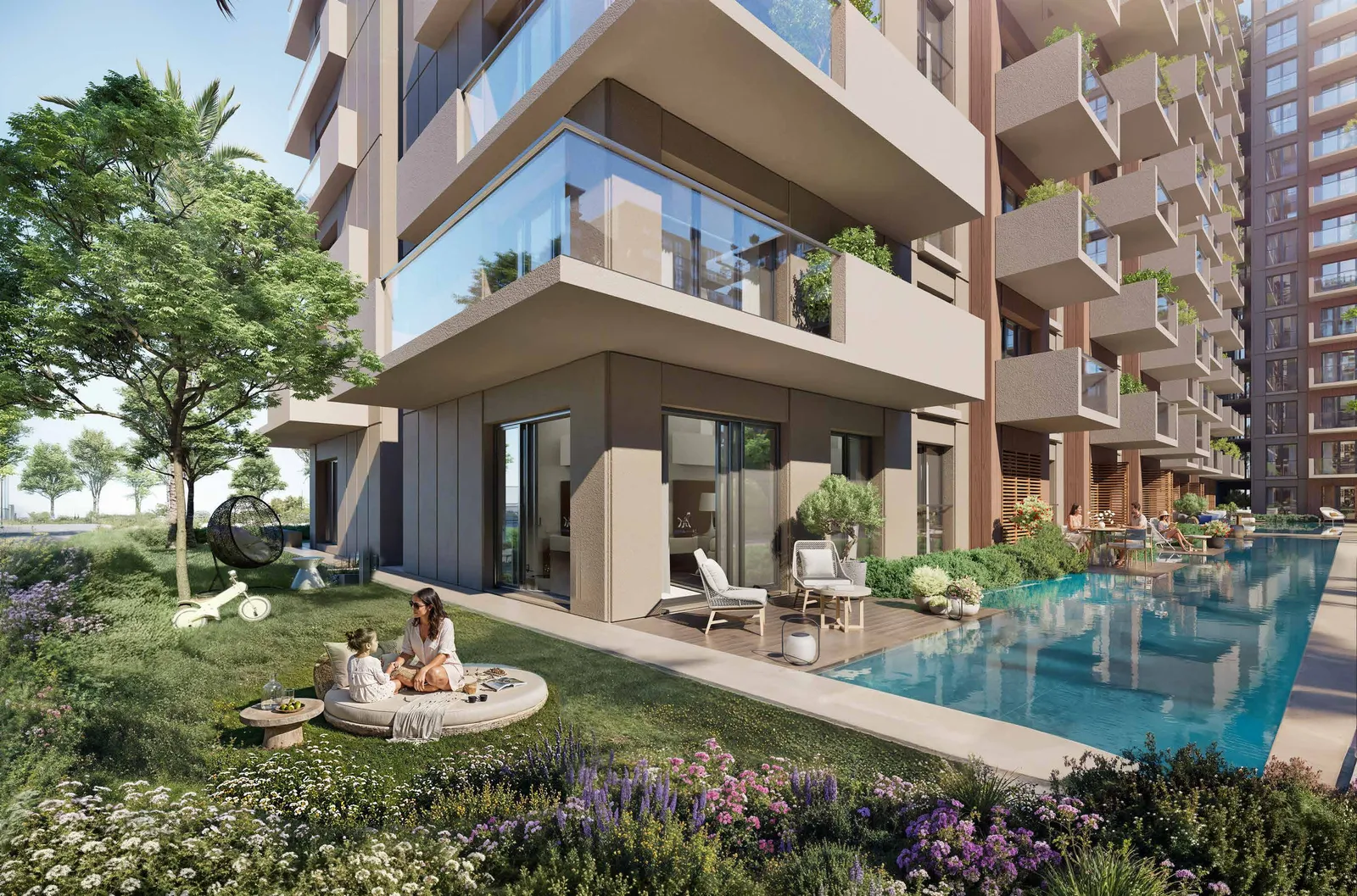 VivaMore bahçe ve ortak alan peyzajı render